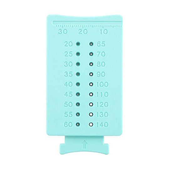 Dental Endodontic Instruments Gutta Percha Cutter Endo Measuring Ruler Span Scale: Teal plastic ruler with markings from 10 to 30 on top and 20 to 140 on side, featuring holes for precise measurements in endodontic procedures