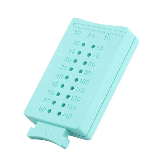 Dental Endodontic Instruments Gutta Percha Cutter Endo Measuring Ruler Span Scale: Teal plastic ruler with numbered holes for measuring and cutting gutta percha tips, featuring measurements from 10 to 140 mm, compact and sterilizable design for dental procedures