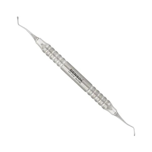 Dental Excavator #18W Oval Spoon 1.5mm, double-ended stainless steel dental tool with textured handle for improved grip. Features sharp oval spoon tips for efficient removal of decay and debris during dental procedures.