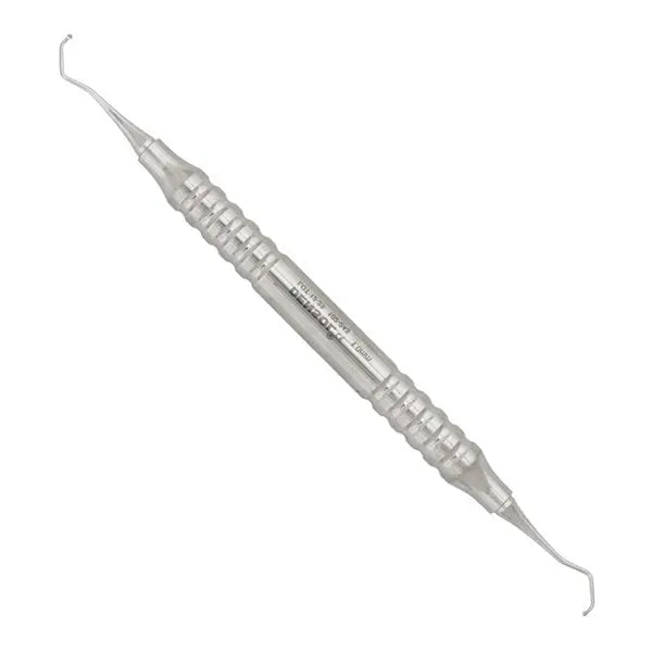 Dental Excavator #243 Round Spoon 1mm with triple angled round tips and sharp edges, featuring a premium anatomical round hollow handle. Made of AISI 420 French stainless steel, this high-quality dental instrument is designed for removing decay and debris in various dental restoration procedures.