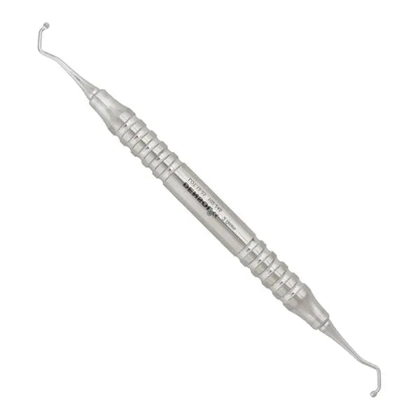 Dental Excavator #245 Round Spoon 2mm with stainless steel anatomical handle and triple angled round tips for removing decay and debris in dental procedures, shown against white background