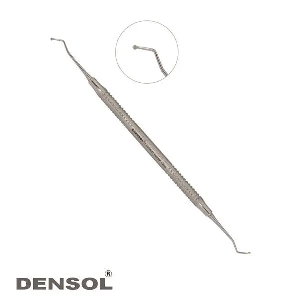 Dental Excavators 1.5mm Round Spoon: Stainless steel double-ended dental tool with textured handle and round spoon tips for removing decay and debris. Close-up of curved end shown in circular inset. Densol brand logo visible.