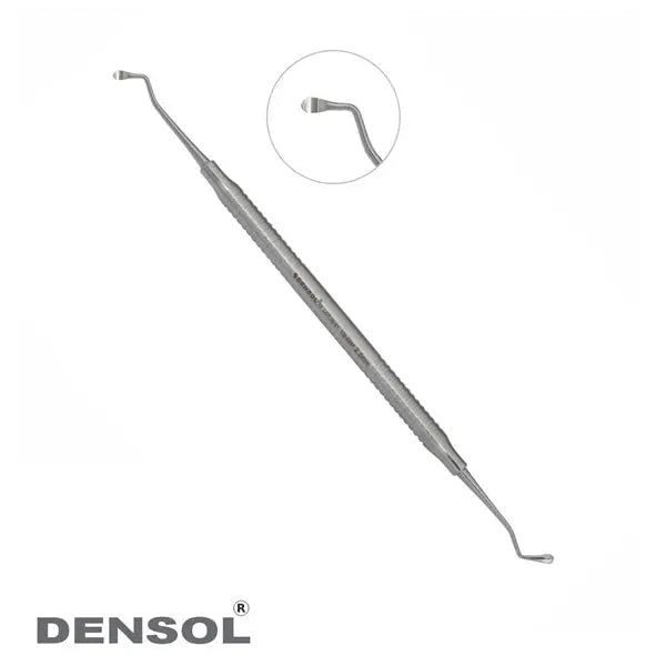 Dental Excavators 2.5mm Spoon Oval: Double-ended stainless steel dental instrument with spoon-shaped tips for removing decay and debris. Features a round hollow handle and close-up of the curved tip design.