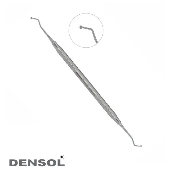 Dental Excavators 2mm Round Spoon: Stainless steel dental instrument with double-ended tips and round hollow handle. Close-up of angled spoon end. Used for removing decay and debris in dental procedures. DENSOL brand logo visible.