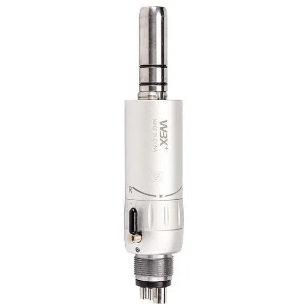 Dental External 4 hole Air Motor handpiece with silver and white body, featuring external water spray, rotate chuck, and 25,000 RPM speed for precise dental procedures