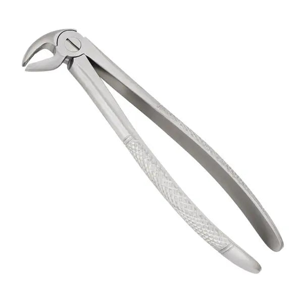 Dental Extracting Forceps-Lower Premolars Fig 13: Stainless steel dental instrument with textured handles and curved beak-like tips for precise extraction of lower premolar teeth, showcasing professional-grade quality and durability.