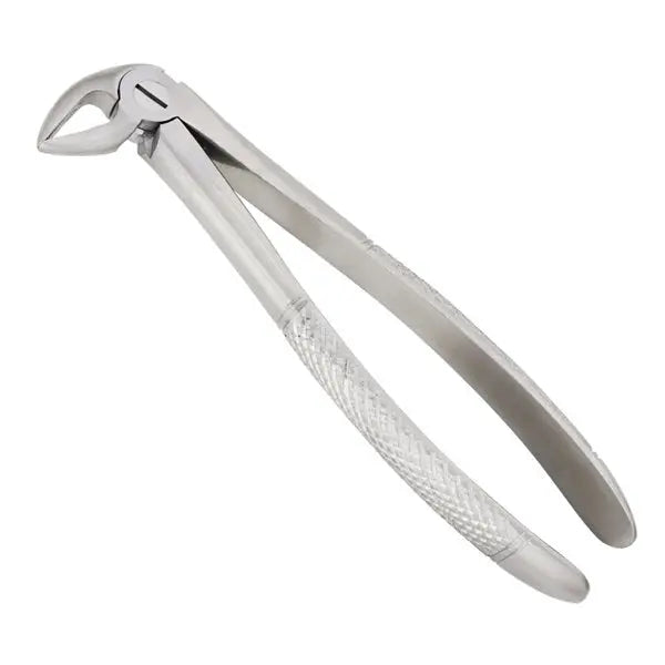 Dental Extracting Forceps-Lower Roots Fig 33A. Stainless steel dental tool with curved beaks and textured handle for secure grip. Designed for extracting lower root teeth with precision and control.