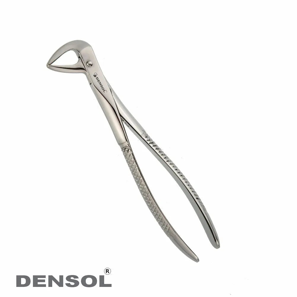 Dental Extracting Forceps-Lower Roots Fig 74: Stainless steel forceps with curved, tapered tips for precise lower root extraction. Features textured handles for secure grip and Densol branding.