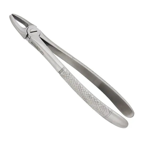 Dental Extracting Forceps-Upper Incisors Fig 2: Stainless steel dental tool with fine beaks for precise upper root extraction. Features textured grip handle and hinged design for smooth operation during dental procedures.