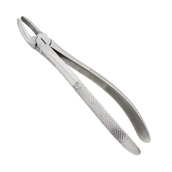 Dental Extracting Forceps-Upper Molars Right Fig 17: Stainless steel forceps with textured handle and curved tips for precise tooth extraction. Professional-grade dental instrument for upper right molar removal, featuring a sleek design and durable construction.