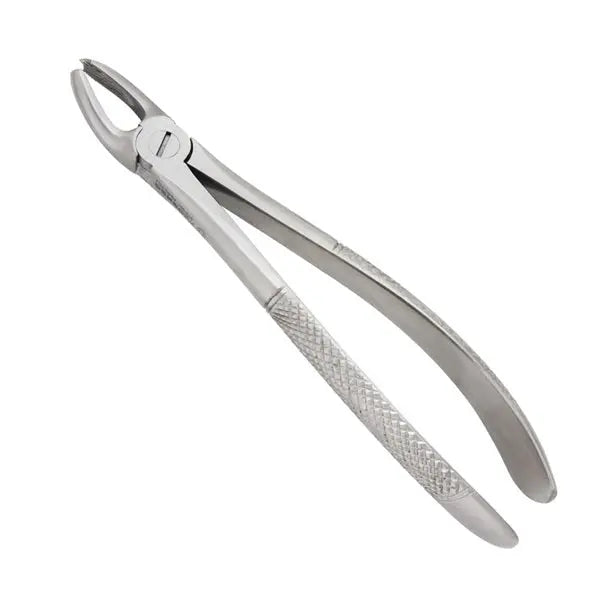 Dental Extracting Forceps-Upper Molars, Left Fig 18: Professional stainless steel dental tool with textured grip handle and curved beak design for precise extraction of upper left molars, showcasing high-quality German craftsmanship and durability