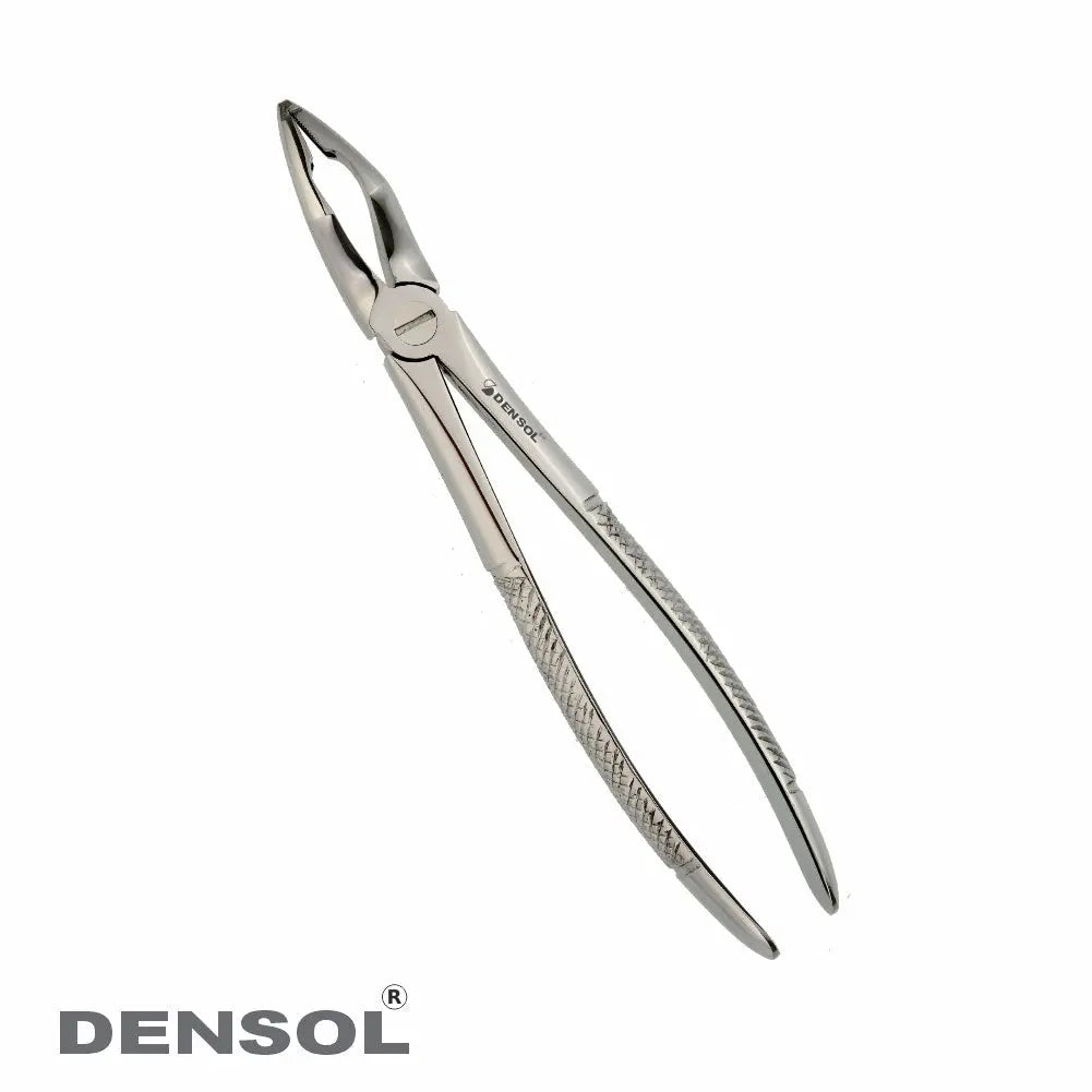 Dental Extracting Forceps-Upper Premolars, Gripping in Depth Fig 31. Stainless steel dental instrument with curved beaks and textured handles for secure grip. Designed for precise extraction of upper premolars. Professional-grade tool by Densol for dental procedures.