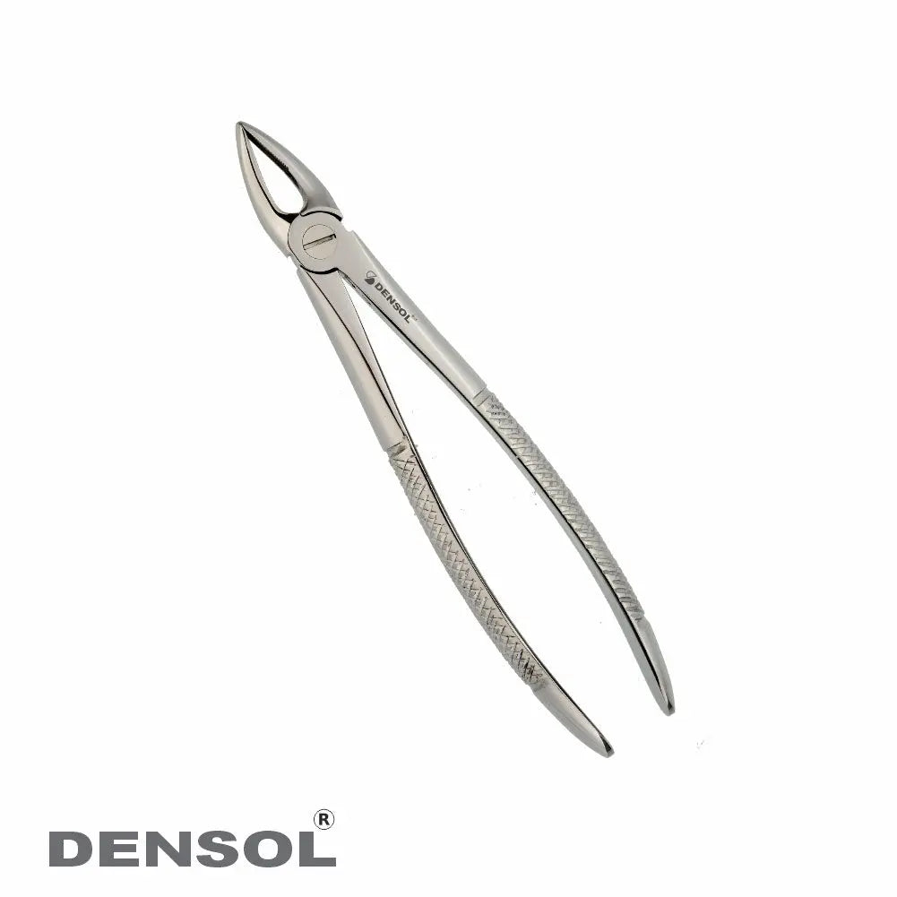 Dental Extracting Forceps-Upper Roots Fig 29: Stainless steel dental instrument with narrow, tapered tips for precise upper root extraction. Textured handles for secure grip. Professional-grade Densol brand tool for dental procedures.