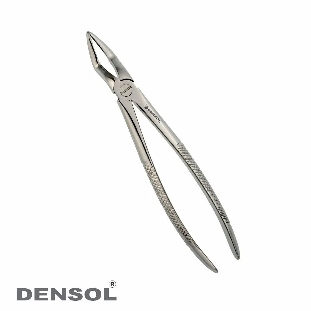 Dental Extracting Forceps-Upper Roots Fig 51: Stainless steel dental instrument with elongated handles and curved, tapered tips for precise upper root extraction. Features textured grip and pivot joint for enhanced control and durability.