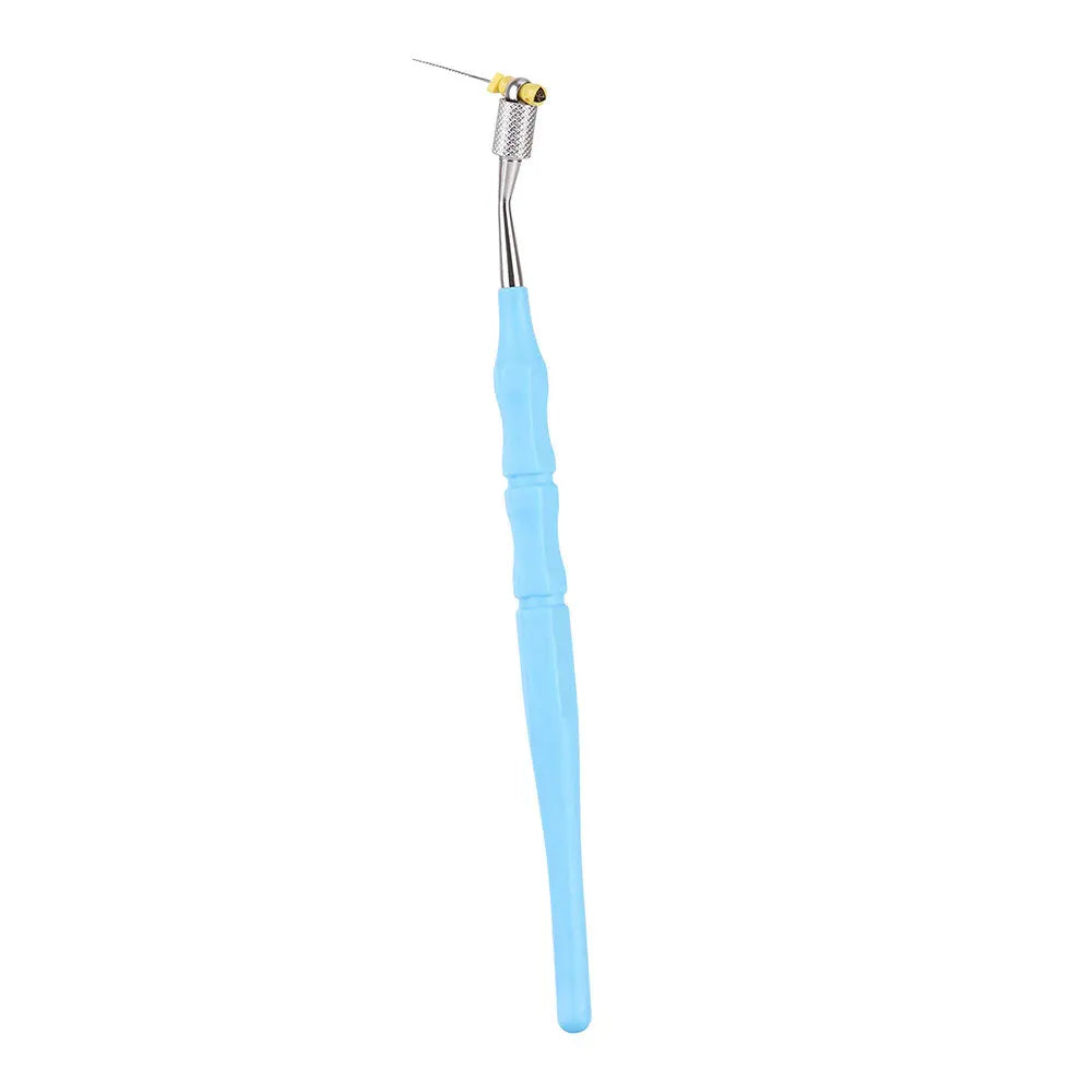 Dental Files Holder Hand Use Posterior Root Canal Clip Light Blue featuring a long light blue handle with a silver metal tip and yellow adjustable mechanism for secure file placement, designed for convenient and precise dental procedures in hard-to-reach posterior areas.