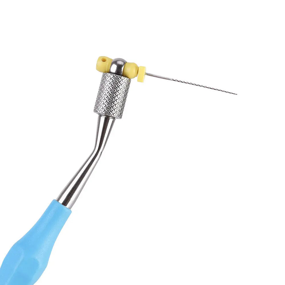 Dental Files Holder Hand Use Posterior Root Canal Clip Light Blue with curved metal shaft, textured grip, and thin file inserted. Blue handle for comfortable use in hard-to-reach areas during dental procedures.