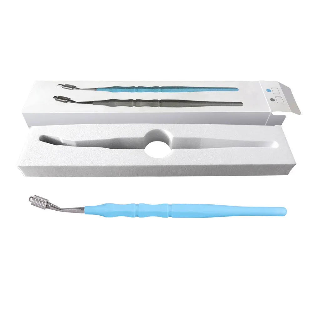 Dental Files Holder Hand Use Posterior Root Canal Clip Light Blue displayed in packaging and individual tool. Light blue handle with metal tip for precise dental work. Autoclavable, flexible design for posterior teeth access. Convenient storage in white foam container.