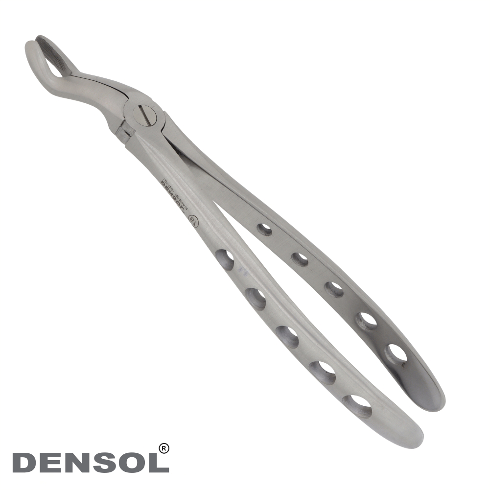 Dental Forceps Extracting Upper Third Molars Fig 67: High-quality stainless steel dental instrument with curved beaks and perforated handles, designed for precise extraction of upper third molars in dental procedures. Professional-grade tool by Densol brand.