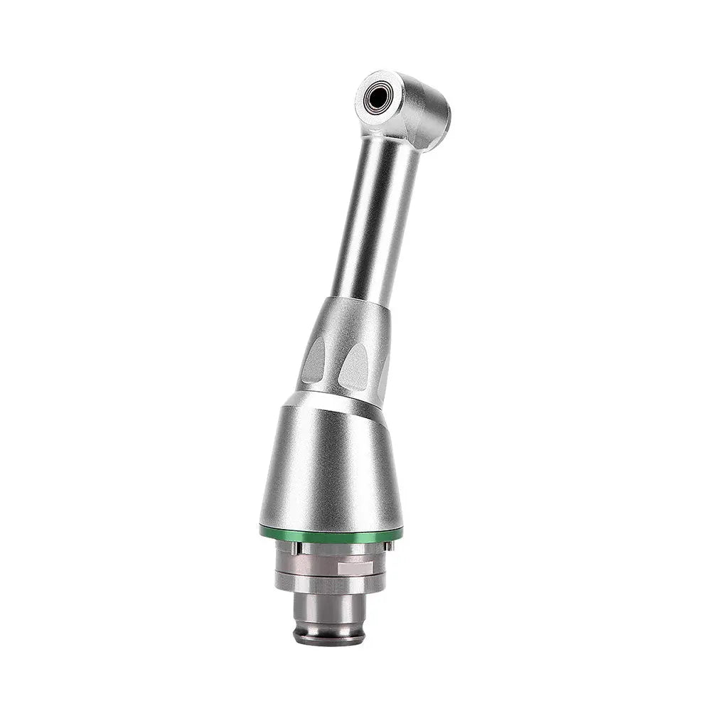 Dental Handpiece Head 16:1 Reduction Contra Angle Head for endodontic treatment, featuring a silver metal body with green accent ring, push-button chuck, and angled design for precise dental procedures