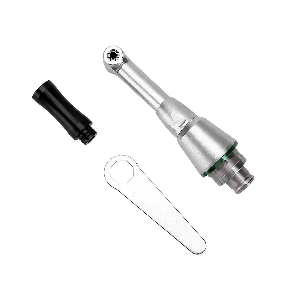 Dental Handpiece Head 16:1 Reduction Contra Angle Head with silver metal body, black attachment, and metal wrench tool for endodontic treatment, featuring push button chuck design for precise dental procedures