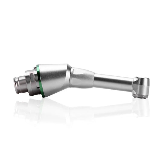 Dental Handpiece Head 16:1 Reduction Contra Angle Head with silver metallic body, angled design, and green accent ring for endodontic treatments, featuring push-button chuck mechanism for easy bur changes