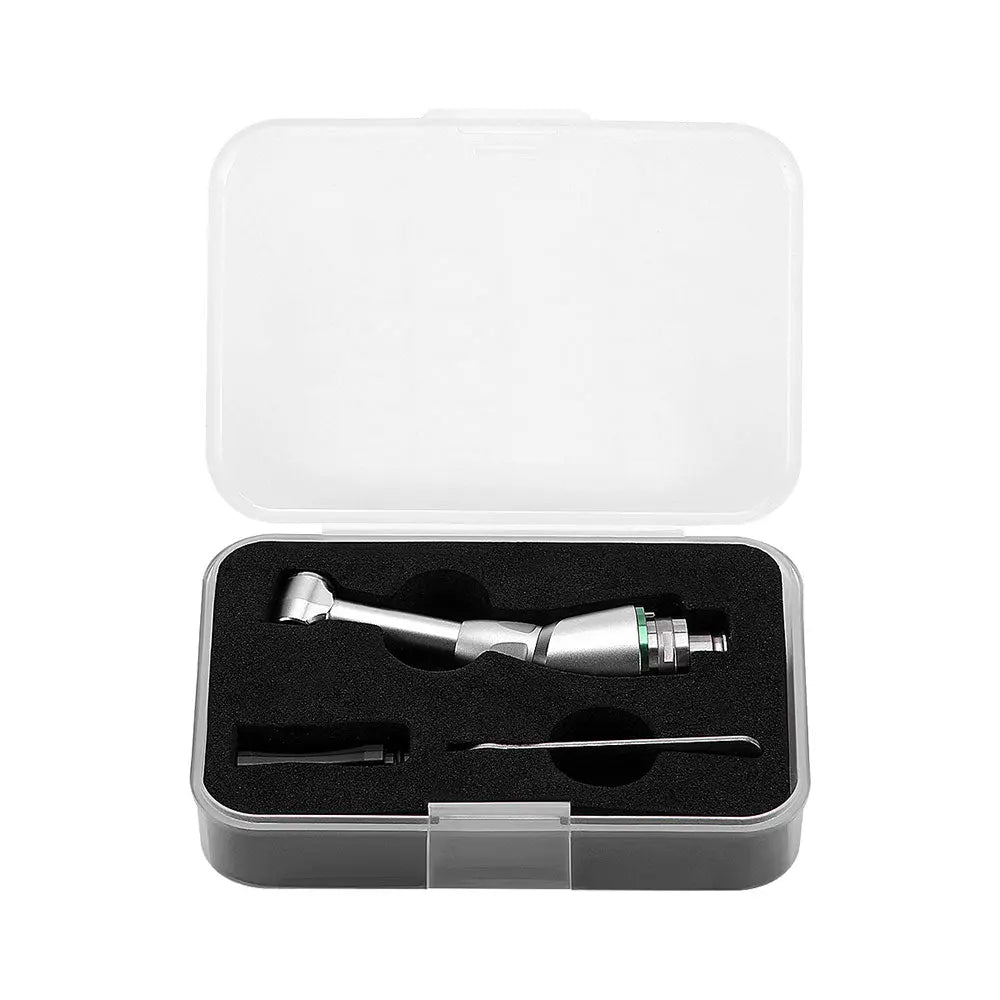 Dental Handpiece Head 16:1 Reduction Contra Angle Head in white case with black foam insert, showcasing silver handpiece with green accent, and additional small tools for endodontic treatment