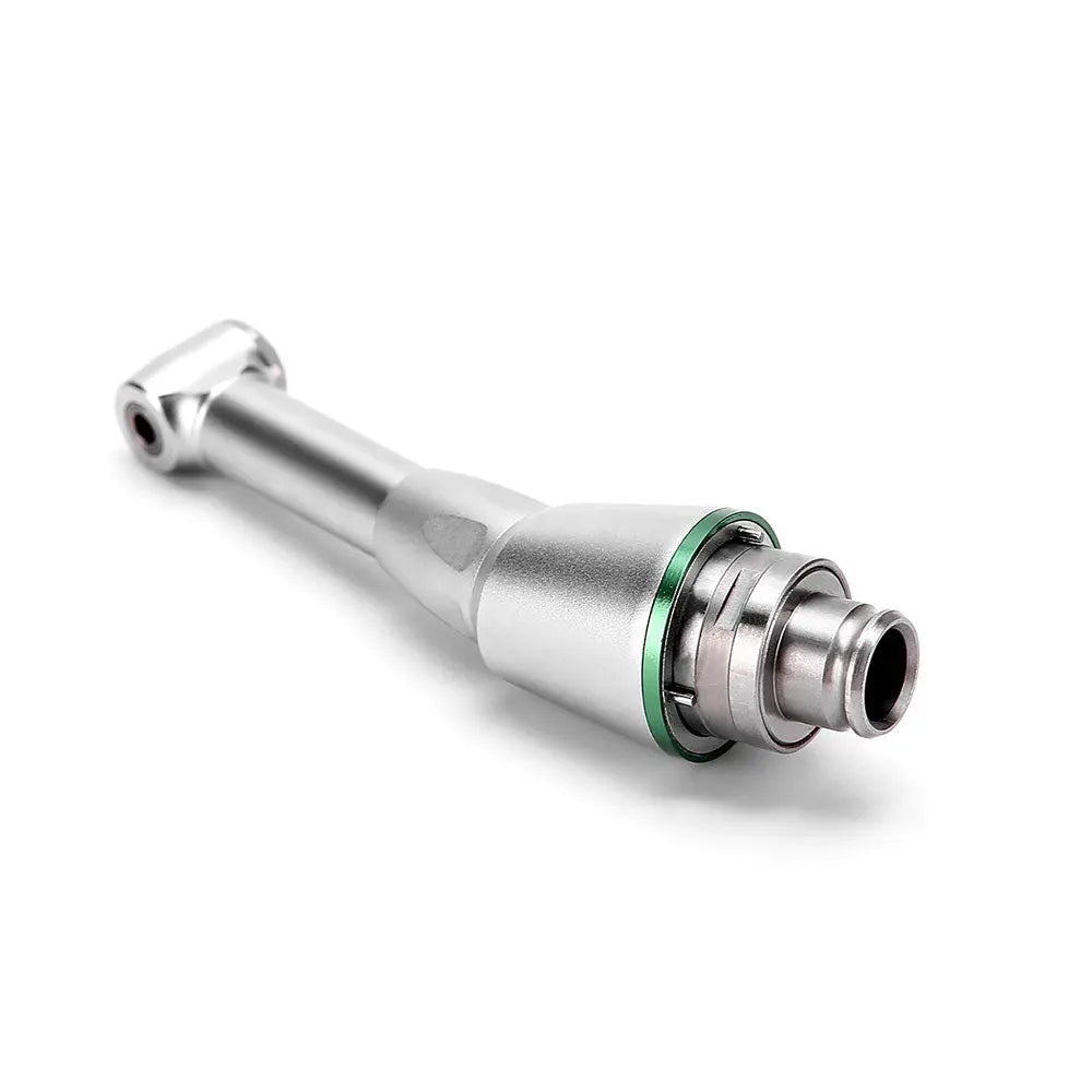 Dental Handpiece Head 16:1 Reduction Contra Angle Head with silver metallic body, green O-ring, and push-button chuck for endodontic treatments, displayed on white background