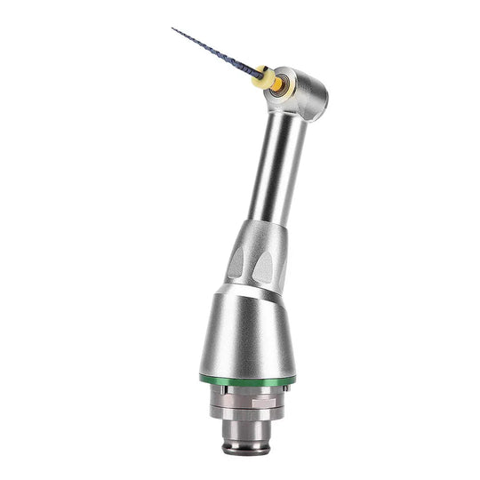 Dental Handpiece Head 16:1 Reduction Contra Angle Head with silver body, green ring, and thin metal drill bit for precise endodontic treatments. Showcasing push-button chuck and ergonomic design for dental professionals.