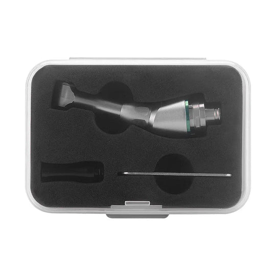 Dental Handpiece Head 16:1 Reduction Contra Angle Head in clear plastic case with foam insert, showcasing silver and black components including main handpiece body, attachment, and accessory tool for endodontic treatments and dental procedures