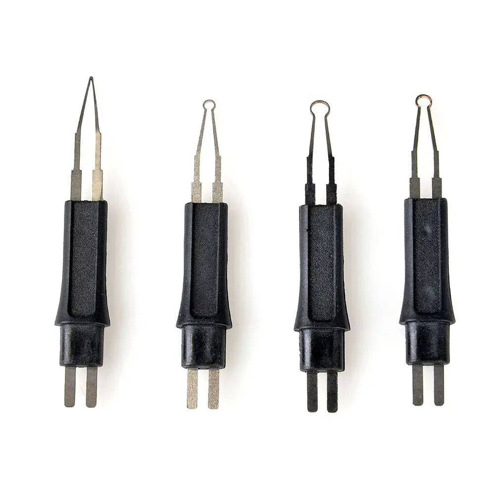 Four Dental Heated Gutta Cutter Tips with black handles and metal prongs, designed for precise cutting of gutta percha points in dental procedures. Durable and autoclavable tools for professional dental use.