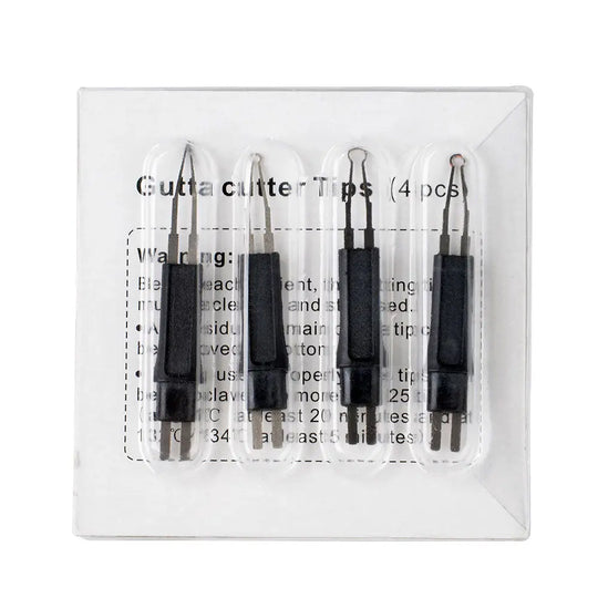 Dental Heated Gutta Cutter Tips set of 4 in clear packaging, showing black handles with metal tips for precise dental work on gutta percha points. Durable and autoclavable dental tools for professional use.