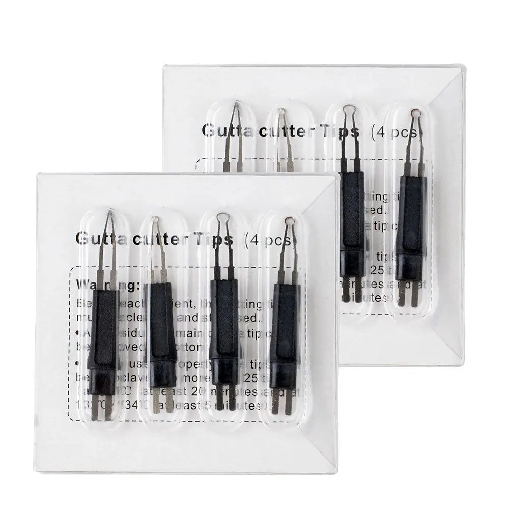 Dental Heated Gutta Cutter Tips in transparent packaging, showing two sets of four black-handled metal tips for dental procedures, designed for cutting gutta percha points with heat efficiency and precision.