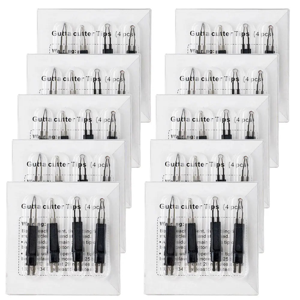 Dental Heated Gutta Cutter Tips displayed in multiple transparent packages, each containing four metal cutting tips of varying sizes and shapes for dental procedures, arranged in rows on a white background