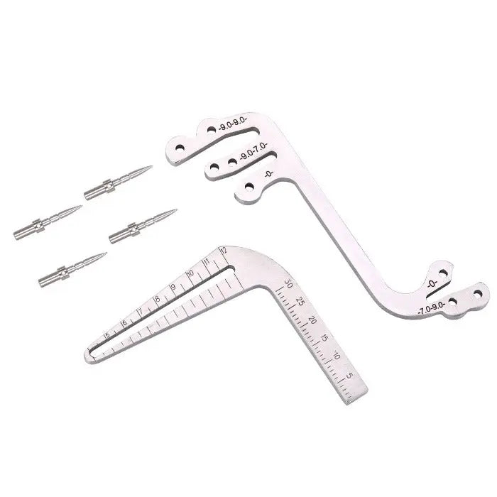 Dental Implant Drill Guide Locator Tooth Measuring Ruler Calipers Bone Ridge set including L and S type locators, parallel pins, and stainless steel ruler for precise dental implant measurements and efficient treatment planning