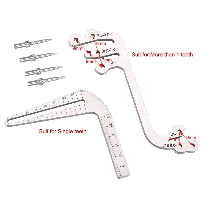 Dental Implant Drill Guide Locator Tooth Measuring Ruler Calipers Bone Ridge set including L-type ruler for single teeth implant, S-type ruler for multiple dental implants, and four parallel pins. Stainless steel tools for precise dental implant measurements and placement.