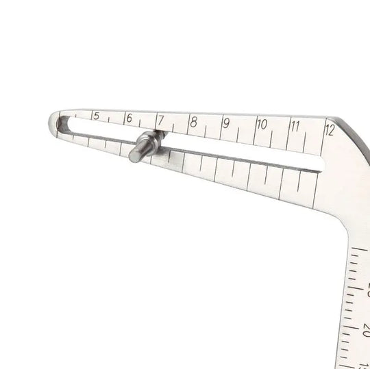 Dental Implant Drill Guide Locator Tooth Measuring Ruler Calipers Bone Ridge shown open, displaying numbered scale from 5 to 12. Stainless steel precision instrument for dental implant measurements, featuring L-shaped design with adjustable arm for accurate sizing and positioning.