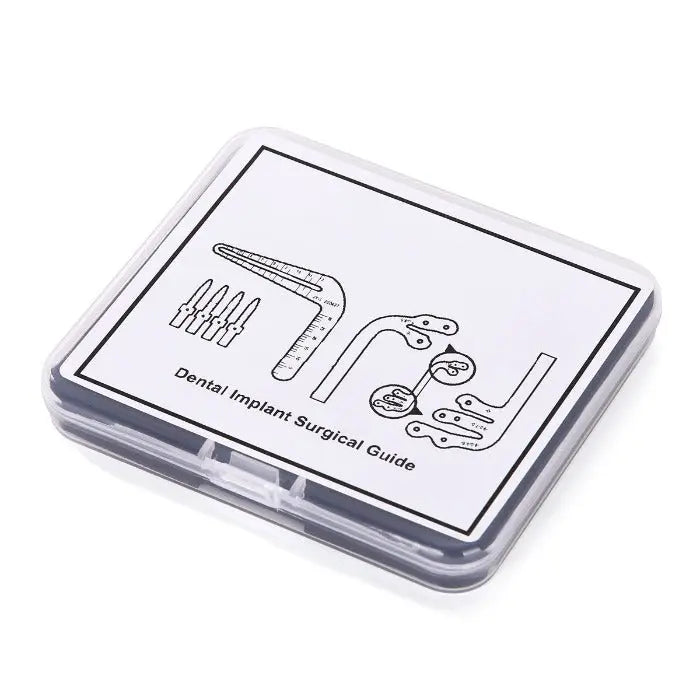 Dental Implant Drill Guide Locator Tooth Measuring Ruler Calipers Bone Ridge in plastic case with diagram showing L and S type locators and parallel pins for single and multiple dental implant measurements