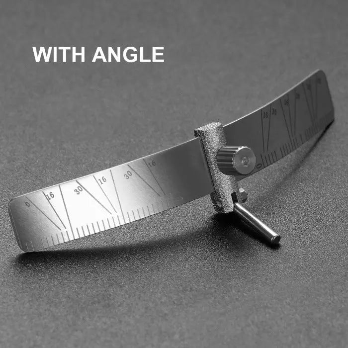 Dental Implant Locating Guide Planting Positioning Locator Angle Ruler Guage Autoclavable shown with angle measurement feature. Stainless steel tool with curved ruler and adjustable angle indicator for precise dental implant positioning and measurement during surgical procedures.