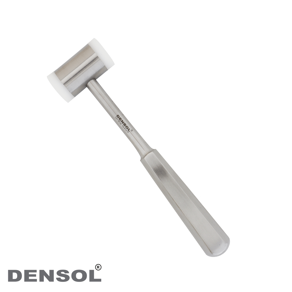 Dental Implant Mallet 18cm with replaceable white plastic head and stainless steel handle. Professional-grade dental tool for extraction procedures. Durable DENSOL brand instrument designed for precision and comfort in dental surgeries.