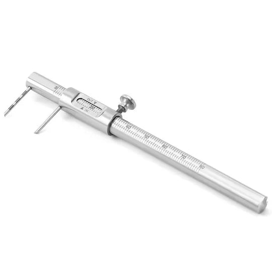 Dental Implant Measuring Gauge Orthodontic Sliding Caliper Double Scale Round 0-80mm, stainless steel precision instrument with adjustable arms and millimeter markings for accurate dental measurements during implantation and orthodontic procedures