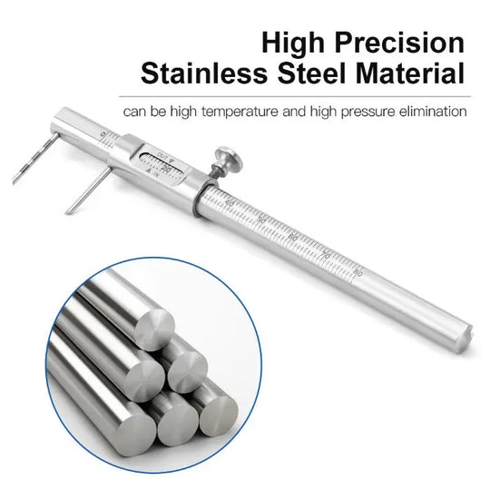 Dental Implant Measuring Gauge Orthodontic Sliding Caliper featuring high precision stainless steel construction, double scale for 0-80mm range, and round design. Close-up of caliper body and material composition shown. Ideal for interdental distance measurement during implantation and orthodontics.