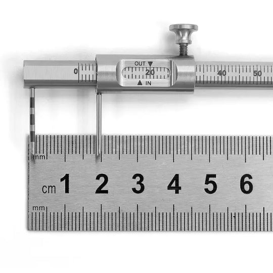 Dental Implant Measuring Gauge Orthodontic Sliding Caliper Double Scale Round 0-80mm: Close-up of precision stainless steel caliper with double scale, measuring range 0-80mm, showing centimeter and millimeter markings. Ideal for dental implant and orthodontic measurements.