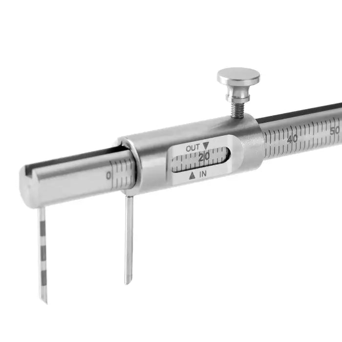 Dental Implant Measuring Gauge Orthodontic Sliding Caliper Double Scale Round 0-80mm: Close-up of stainless steel caliper with double scale, adjustable slider, and precision measurement markings for dental implant and orthodontic procedures, featuring a round knob for fine adjustments