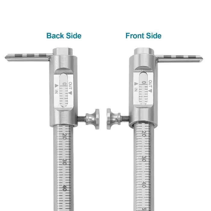 Dental Implant Measuring Gauge Orthodontic Sliding Caliper Double Scale Round 0-80mm shown from front and back sides. Stainless steel tool with adjustable measuring arms, precise markings, and double scale for accurate dental measurements during implantation and orthodontic procedures.