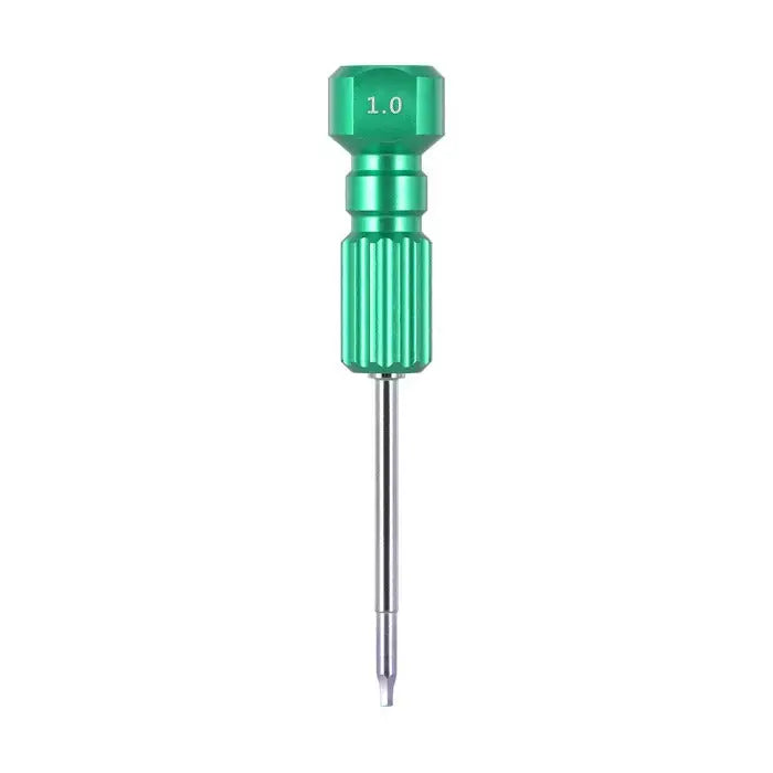 Dental Implant Screw Driver Manual Use 1.0 Green: Close-up of a green and silver dental tool with hexagonal head, ribbed grip, and slender shaft. Medical-grade stainless steel construction for technician use in dental procedures.