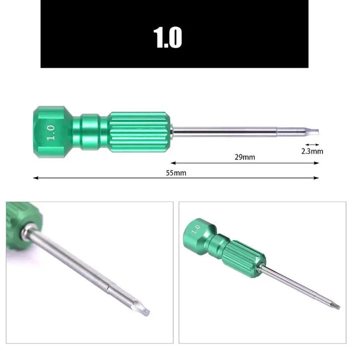 Dental Implant Screw Driver Manual Use 1.0 Green, medical-grade stainless steel tool with green metallic handle and slim silver shaft, designed for precision dental work in technician's room, dimensions shown in millimeters, not for use in mouth