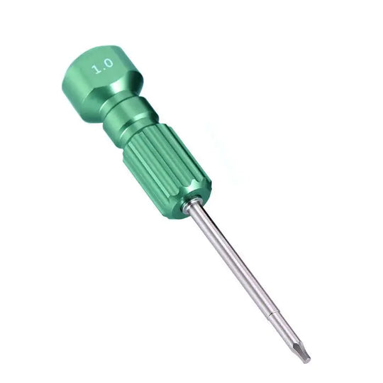 Dental Implant Screw Driver Manual Use 1.0 Green, featuring a sleek green metal handle with '1.0' engraving, ribbed grip, and long stainless steel shaft for precise dental technician use in laboratory settings