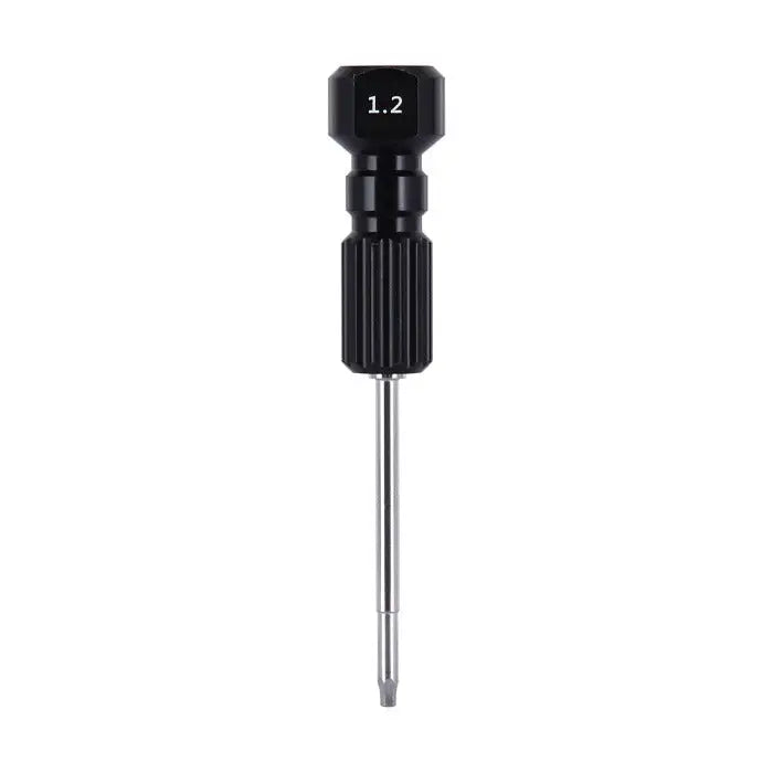 Dental Implant Screw Driver Manual Use 1.2 Black: Close-up image of a sleek black dental implant screwdriver with a stainless steel shaft. The handle features ridges for grip and is marked with "1.2" on top, indicating its size for compatibility with various implant systems.