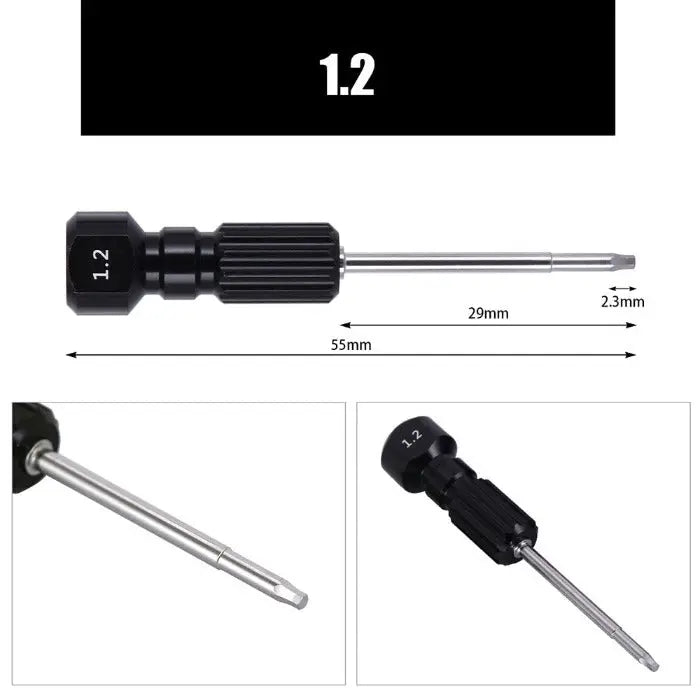 Dental Implant Screw Driver Manual Use 1.2 Black with dimensions labeled. Long silver shaft with black handle. Close-up views of driver tip and handle. Compatible with multiple implant systems. For technician use only.