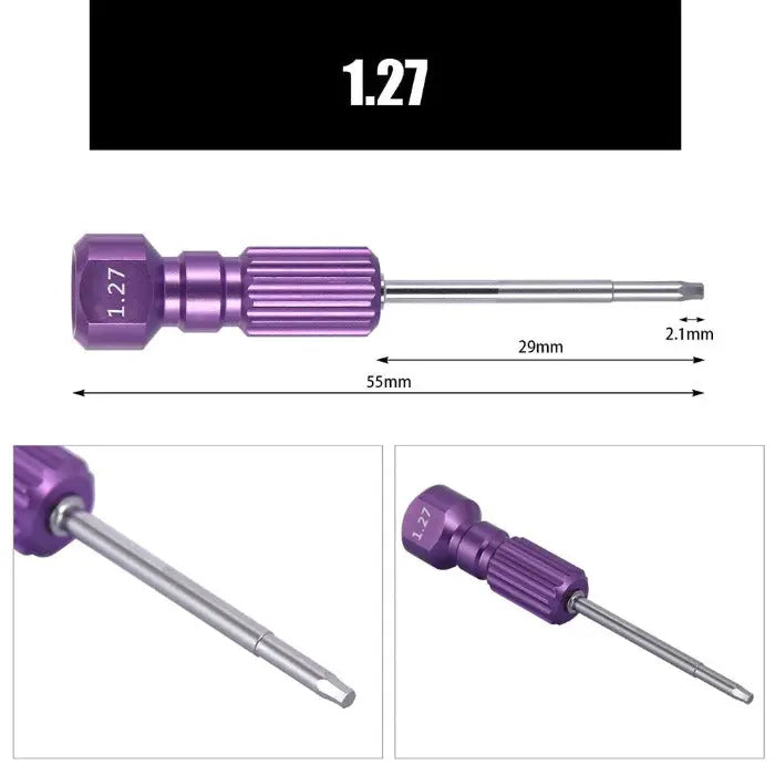 Dental Implant Screw Driver Manual Use 1.27 Purple with detailed measurements. Purple handle with silver shaft, 55mm total length, 29mm shaft length, 2.1mm tip width. Medical grade stainless steel for dental technician use. Product dimensions clearly labeled.